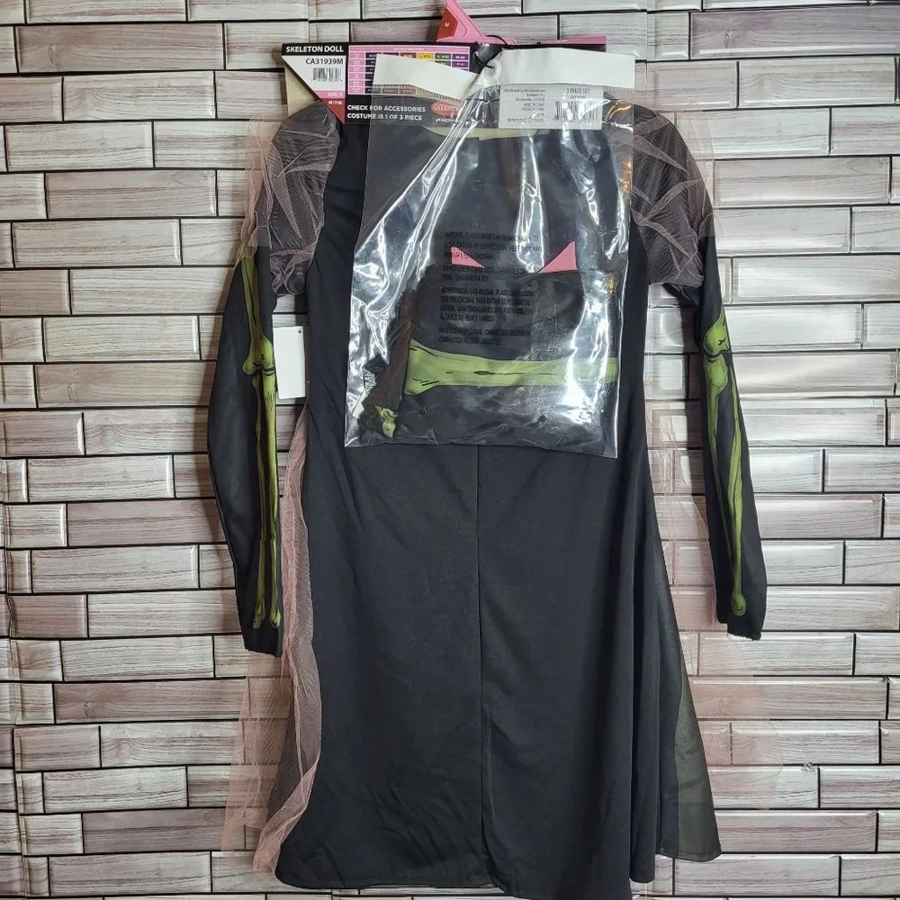 New Skeleton Doll Halloween Costume‎ Girl's Medium 7-8 Black Dress Up Outfit